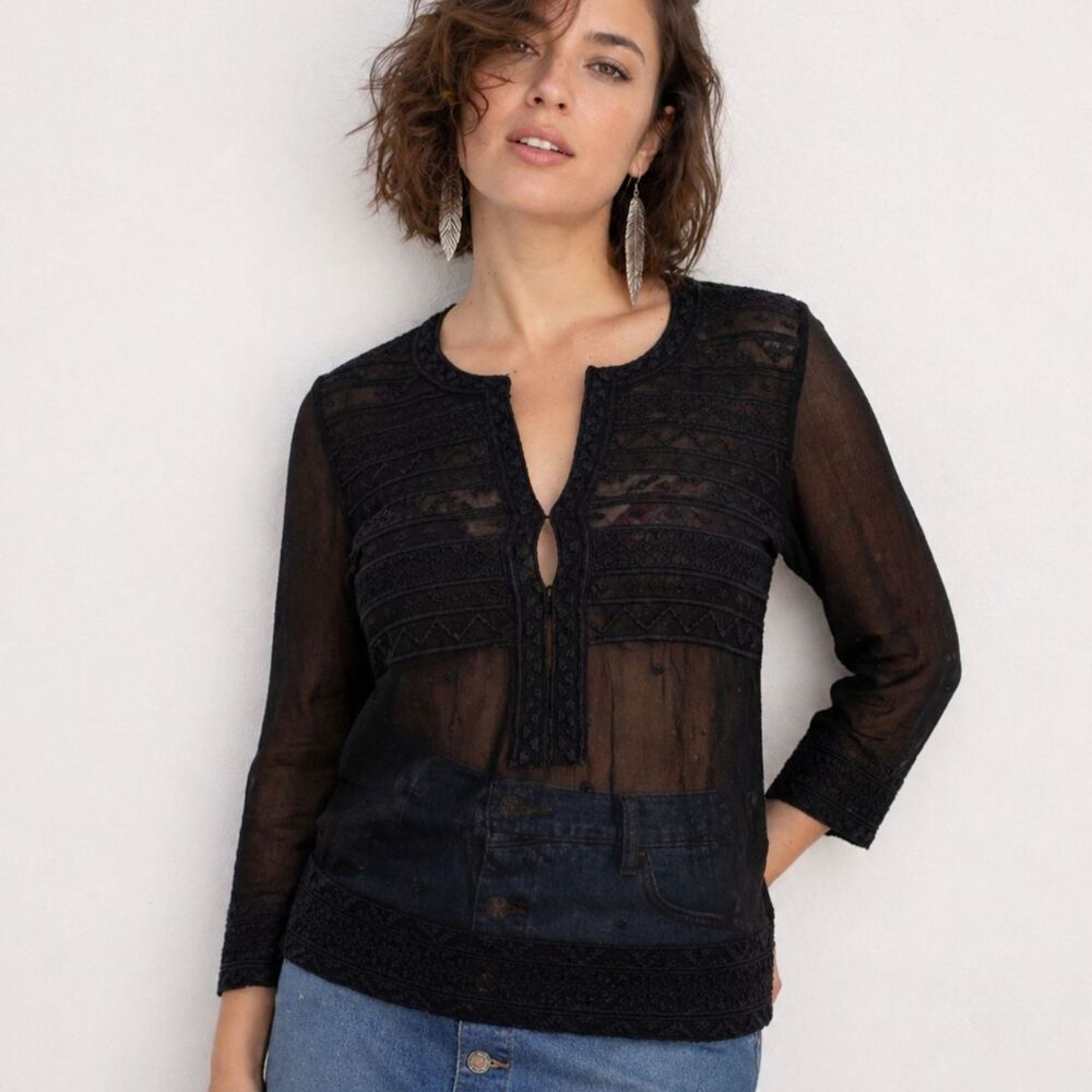 Love Sam Black Sheer Embroidered Blouse Deep V-Neck Boho Romantic Whimsigoth S